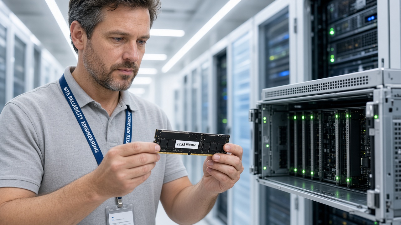Site reliability engineer inspecting a DDR5 RDIMM in a bright data-center aisle