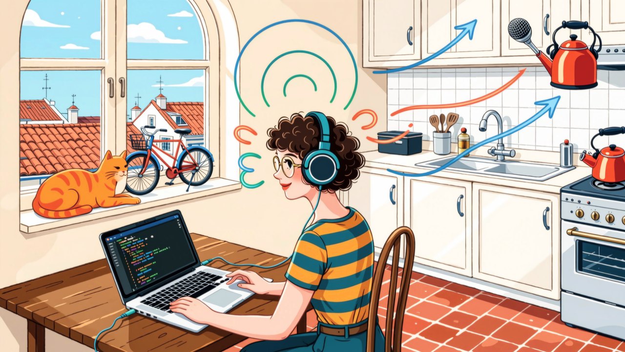 Illustration of a developer in a sunny kitchen wearing headphones, with sound waves arriving from a cat on the windowsill and a kettle behind her