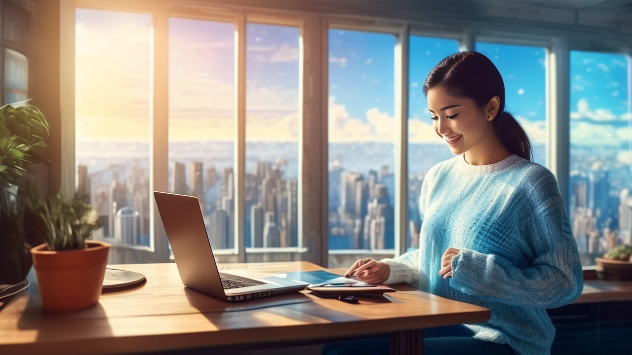 Bright editorial scene of an overseas engineer at a sunlit desk looking toward a mesh of compute satellites linked by laser beams over Earth