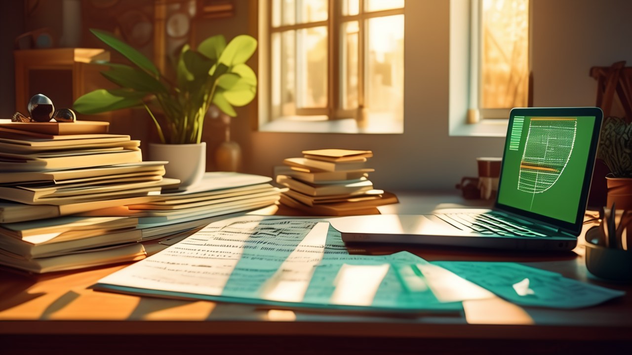 Bright editorial illustration of a mathematician at a sunlit desk with paper proofs and a laptop showing Lean code, with soft torus-like geometry in the background