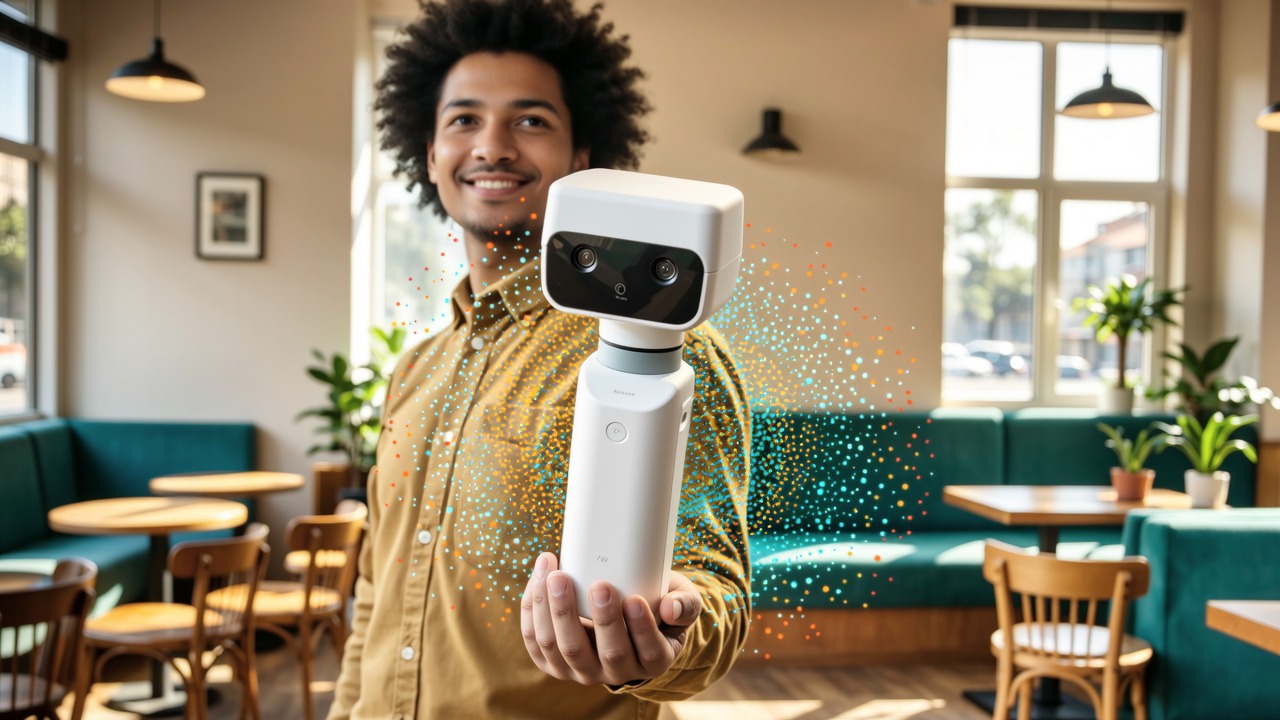 Bright cafe scene: person holding a compact lidar-plus-camera scanner with a translucent colorful 3D Gaussian Splatting overlay in the air