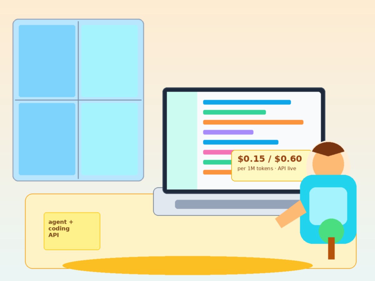 Bright desk scene: developer laptop showing colorful agent/coding UI and a $0.15 / $0.60 per-1M-tokens price card
