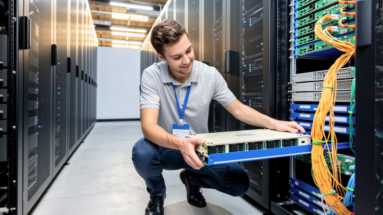 Bright modern datacenter: overseas engineer kneeling to install a beige-and-blue RISC-V server blade, colorful yellow-orange cabling accents, soft daylight
