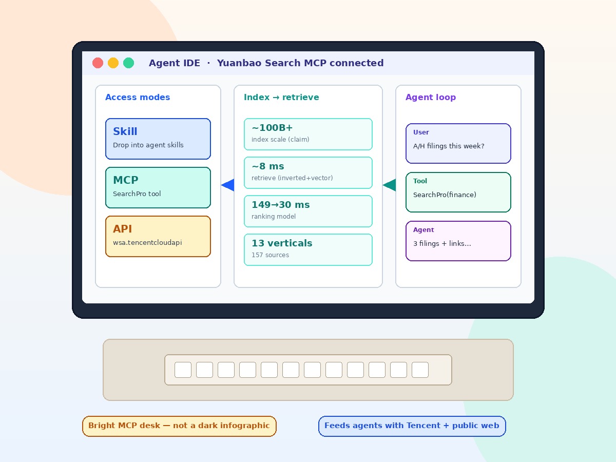 Bright agent IDE scene: Skill MCP API columns, index retrieve metrics, and SearchPro feeding an agent loop