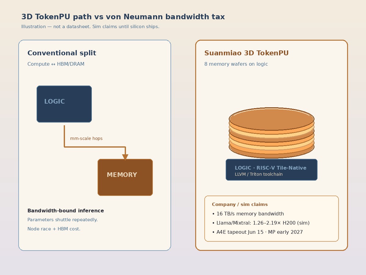 Side-by-side: conventional logic-to-memory mm hops versus Suanmiao 3D TokenPU stack with company and simulation claim callouts