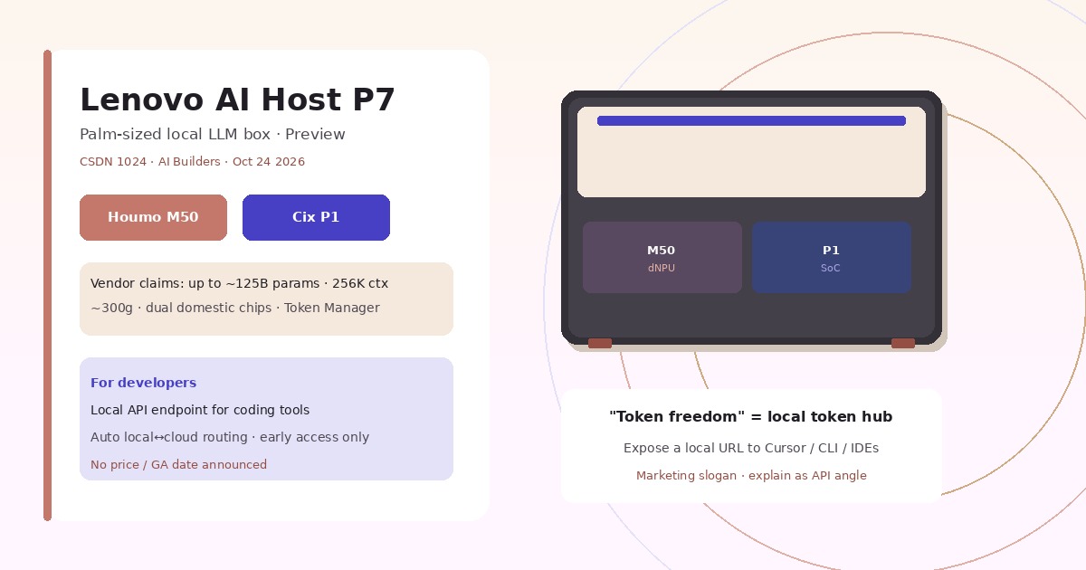 Clay rose and warm ivory illustration of Lenovo AI Host P7 palm box with Houmo M50 and Cix P1 chips, Token Manager local API motif