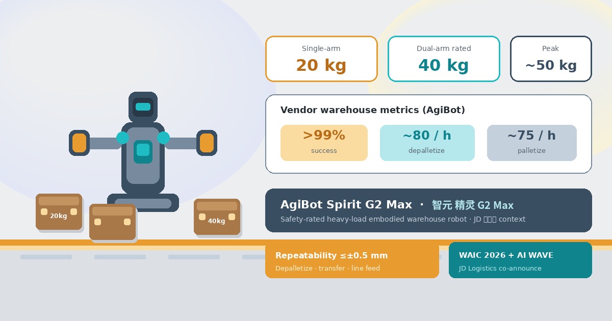 Industrial amber and warehouse-steel editorial illustration of AgiBot Spirit G2 Max dual-arm robot with 20/40/50 kg load badges and vendor warehouse metrics